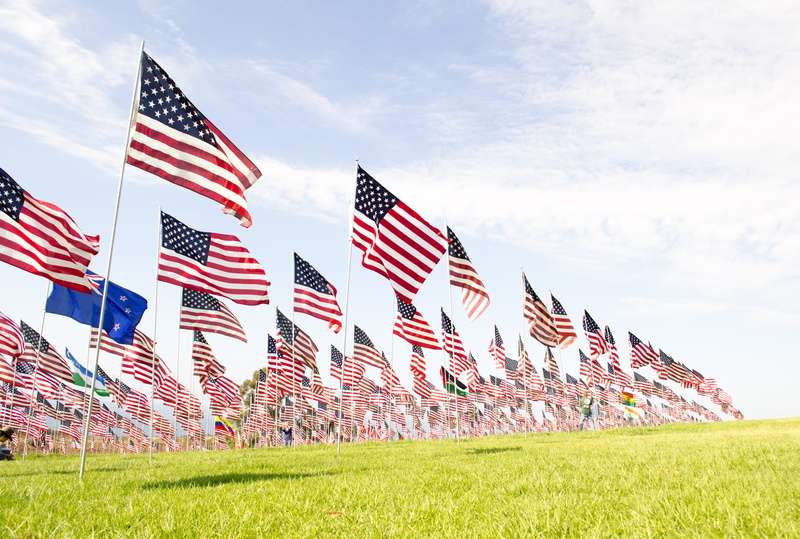day, cloud - sky, green, field, sky, outdoors, plant, nature, red, sunlight, flag, american flag, flags, bandera, striped, daytime, blue, united state