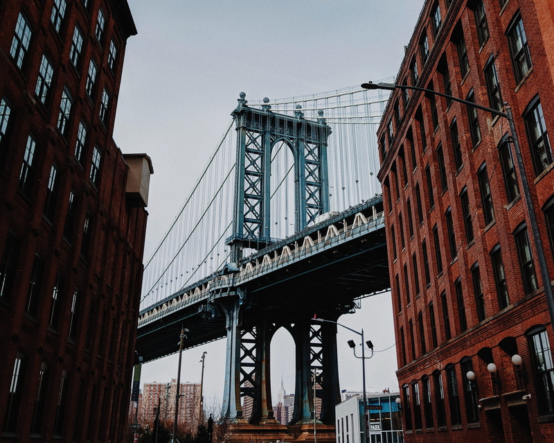 skyscraper, bridge, built structure, gray, new york city, brooklyn, clear, 2K, day, connection, suspension, low angle view, nature, brown, tourism