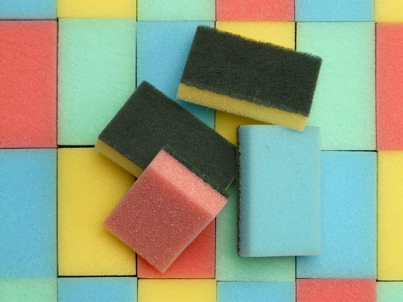 Sponges, yellow, many, pink, high angle view, still life, multi colored, scrub, variety, section, no people, close-up, Colorful, vibrant color, break, variation