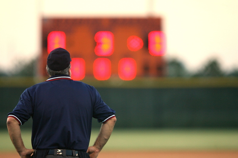 ballpark, scoreboard, men, stadium, 2K, clothing, field, waist up, day, score, rear view, diamond, sports official, american, focus on foreground, innings