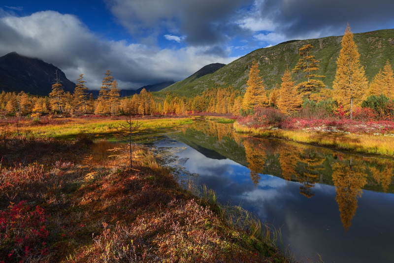 hills, nature, 1080P, autumn, Kolyma, stream, landscape, Maxim Evdokimov, clouds, Unknown