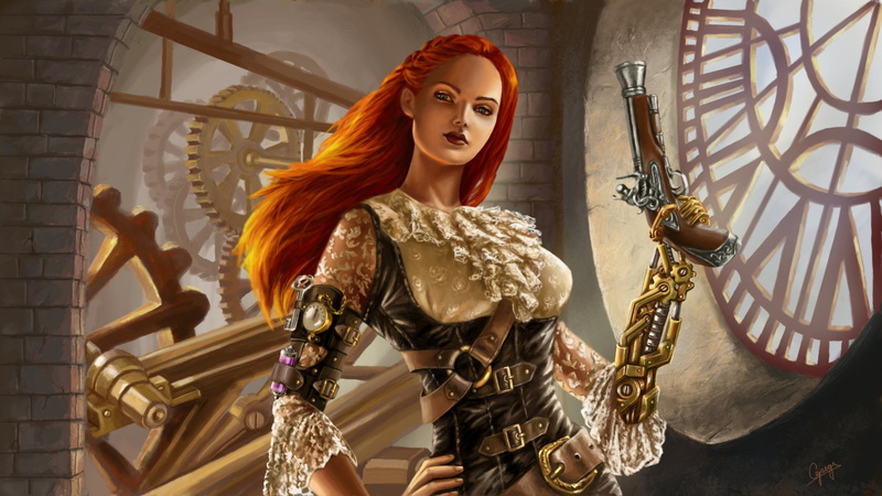 Girl, Green Eyes, 1080P, Woman, Orange Hair, Sci Fi, Gun, Steampunk