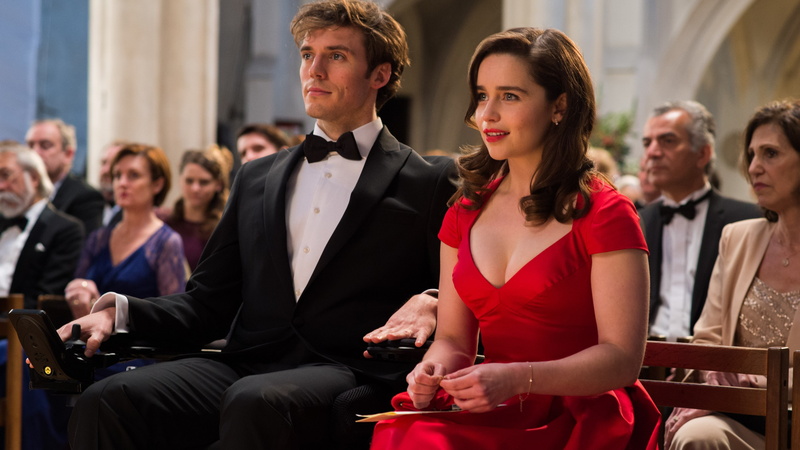 Me Before You, sitting, brown, emilia, jacket, man, beside, 4K, Best Movies of 2016, Sam Claflin, chair, clarke, dress, suit, wearing, Emilia Clarke, red