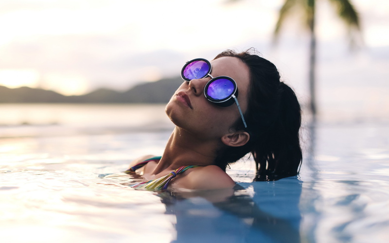 relaxation, young adult, 2K, outdoors, swimming pool, water, clothing, eyewear, sunlight, beautiful woman, headshot, portrait, leisure activity, nature