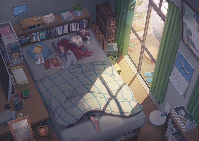 Original, Anime, Room, 2K, Girl, Cat, Bed