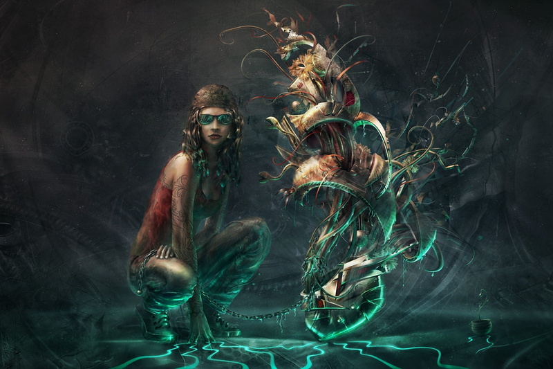 green color, sea, digital composite, abstract, people, hairstyle, nature, 1080P, black background, creativity, rpg, adult, underwater, females, women