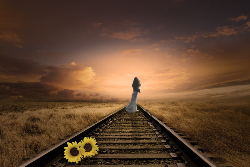 forget, 5K, nature, sky, rail, rail transportation, outdoors, diminishing perspective, sunflower, woman, scenics - nature, composing, lighting, go forward