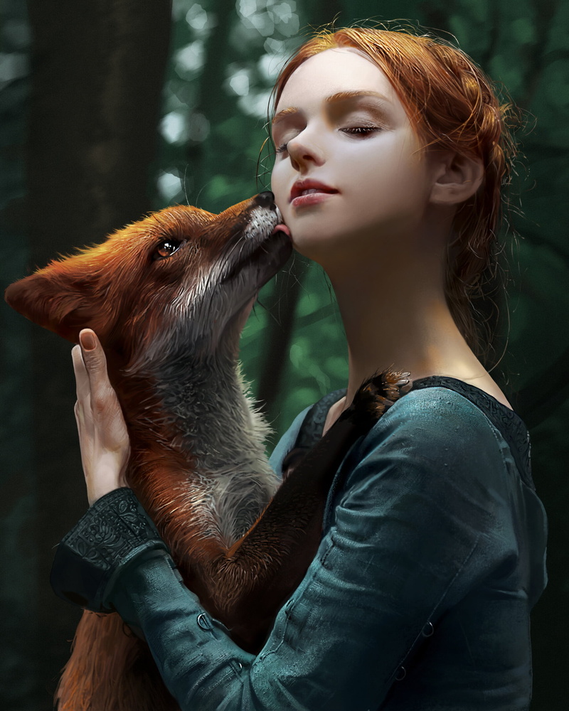 digital art, fox, 1080P, artwork, J. Won Han, redhead, fantasy girl, mammals, fantasy art, women, animals, closed eyes, licking