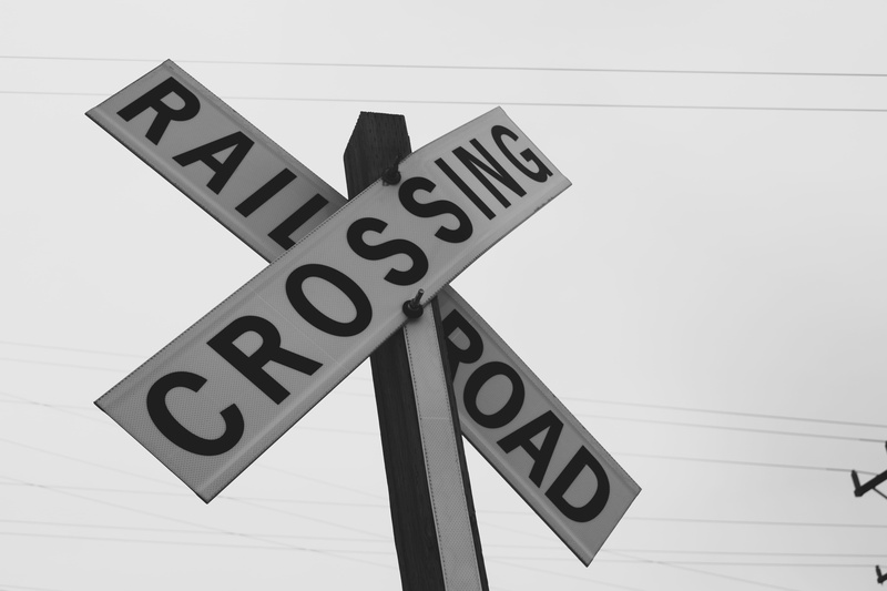 grayscale, western script, crossing, alphabet, clear sky, railroad, direction, road, day, number, illustration, road sign, railroad crossing, graphic, option