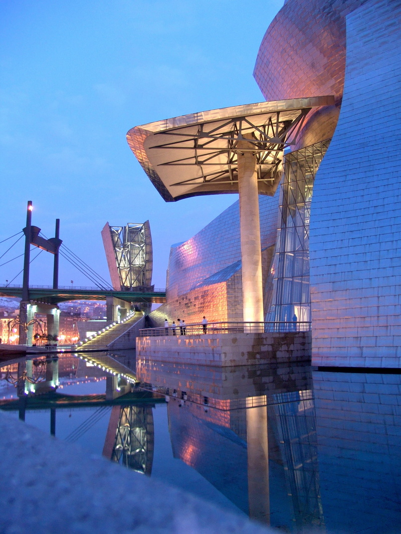 connection, trip, dusk, illuminated, outdoors, guggenheim, building exterior, night, sky, architecture, places of interest, bridge - man made structure