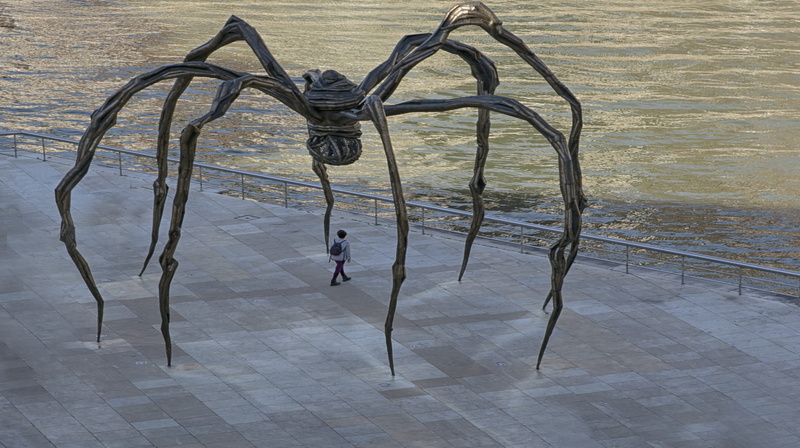 spider, railing, giant spider, nature, no people, sea, safety, sport, protection, security, guggemheim, guggenheim museum, high angle view, outdoors, water