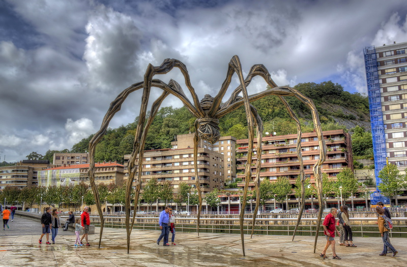 plant, architecture, built structure, city, day, water, guggenheim museum bilbao, guggenheim, sky, people, spider of bilbao, building exterior, playing