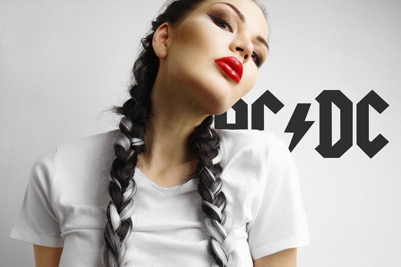 red lipstick, AC/DC, AC-DC, 1080P, band logo, women, long hair, model, Nikolay Khvatov, braided hair, white t-shirt, makeup, brunette