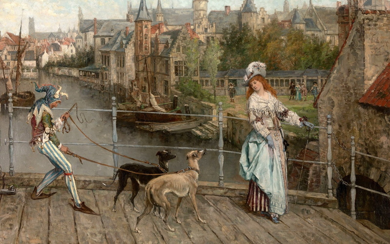 women, painting, jester, dog, city, classic art, Victor Lagier, 1080P, artwork