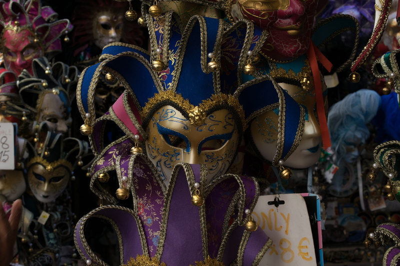 carnival of venice, retail, focus on foreground, Carnival, human representation, mask - disguise, blue, 5K, outdoors, hanging, jester, disguise, Italy