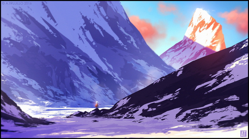 mountains, landscape, valley, 1080P, clouds, snowy peak, sunset, snow, climbing, digital art, nature, Tony Trujillo, winter