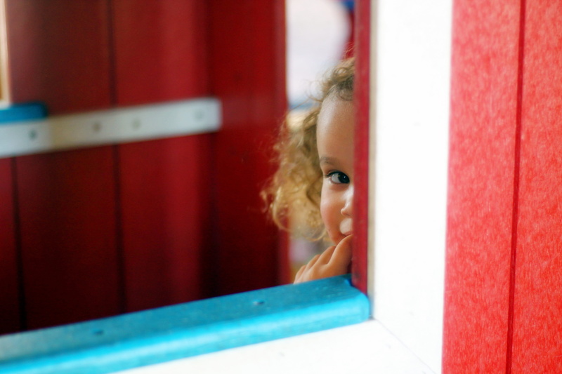 day, innocence, body part, brown hair, human face, playground, child, girls, hair, indoors, girl, one person, peeking, red, childhood, toddler, portrait