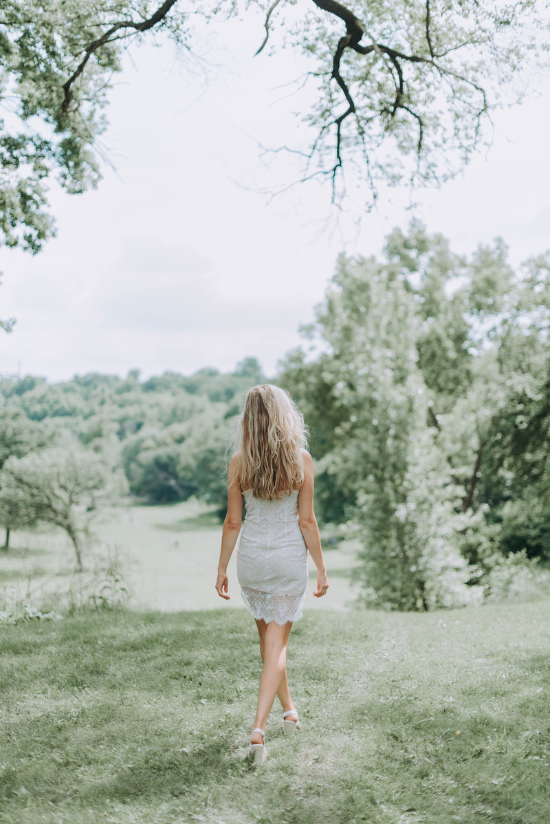 lifestyles, whitedress, focus on foreground, walking, green, woman, plant, shallow, nature, daytime, grass, rear view, day, photography, dress, tree, minnesotum