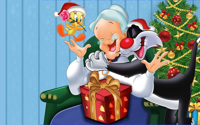 christmas, cat, tweety, tree, hd, bird, 1080P, sylvester, granny