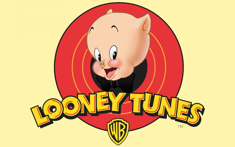 Cartoons, emotion, one person, western script, pig, indoors, communication, child, sign, yellow, 2K, smiling, food, background, text, looney, porky, logo