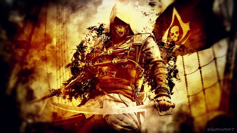 creed, black, flag, sword, skull, assassins, pirate, 1080P