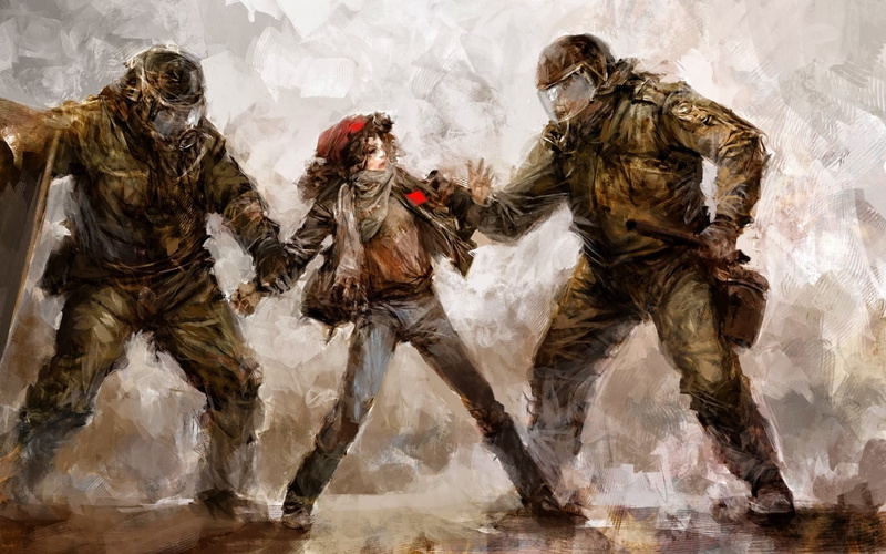 painting, police, activity, uniform, clothing, architecture, artwork, military, gun, 1080P, riot, digital composite, government, armed forces, people