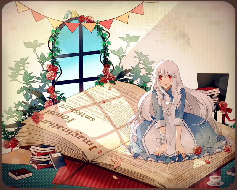 bandage, animal, kozakura, white, hair, long, petals, flowers, red, kagerou, 720P, project, dress, book, rose, bird, drink, yori, eyes, mary, rsy