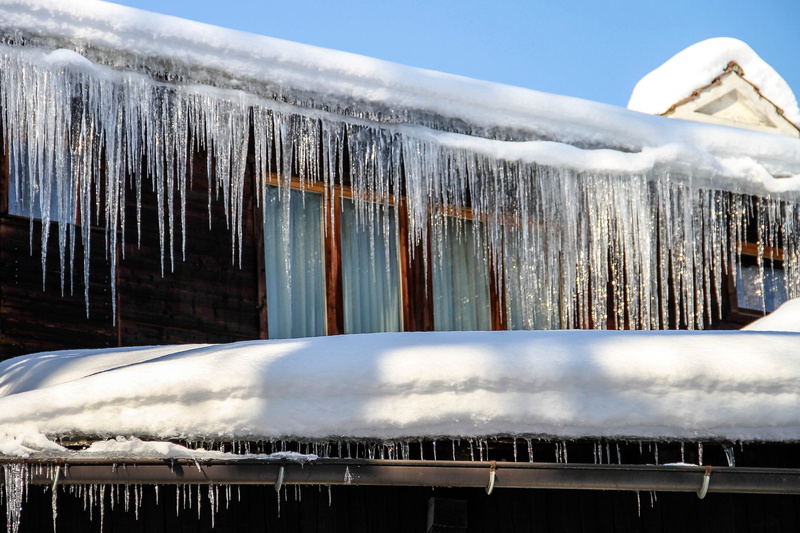 ice, sky, frost, home, built structure, mode of transportation, icy, white color, cold, transportation, blue sky, roof, long icicles, sparkling icicles