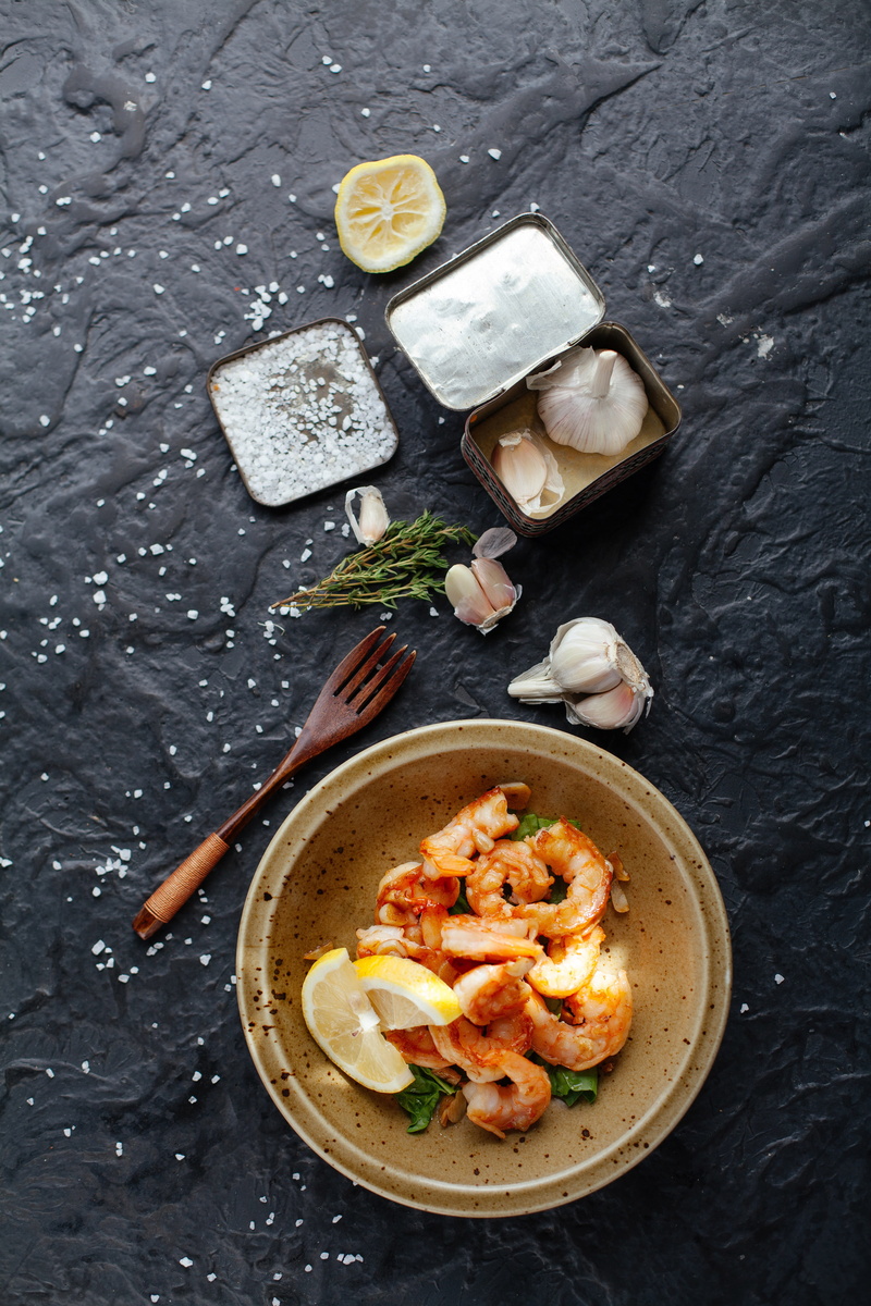 fried, looking down, plate, food, seafood, pepper - Seasoning, ingredient, wood - Material, savory Sauce, gourmet, herb, healthy, cultures, rustic, no People