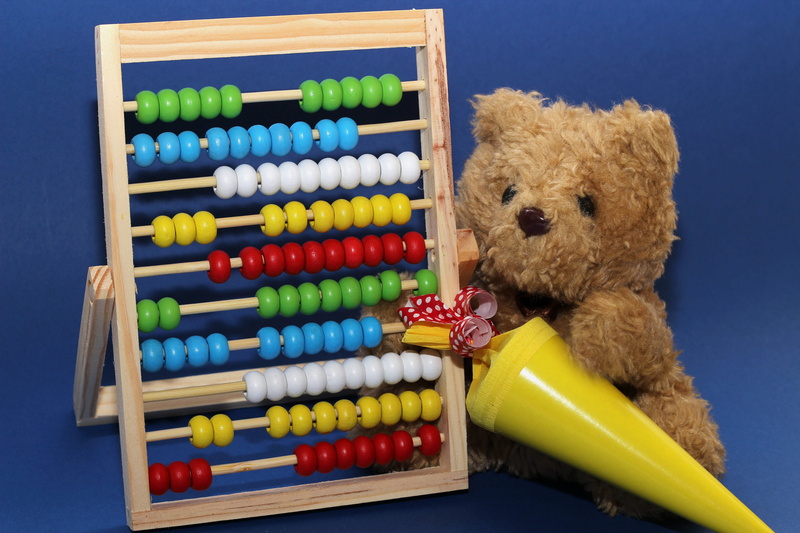offspring, education, teddy, mathematics, child, counting, wood - material, 5K, schulbeginn, back to school, studio shot, blue, learning, indoors, abc
