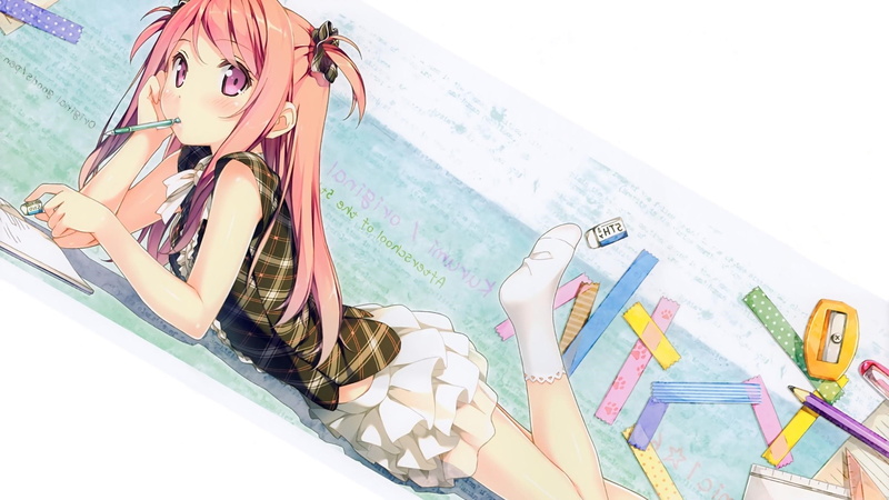 bed, socks, Kantoku, Pink Hair, anime, art and craft, shoe, representation, female likeness, publication, clothing, Pink Eyes, 2K, no people, close-up