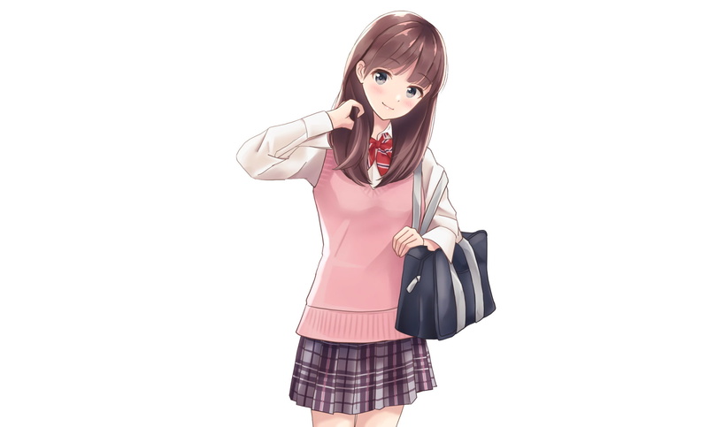 1080P, Anime, Original, School Uniform, Original (Anime), Smile, Skirt, Girl, Bag, Brown Hair