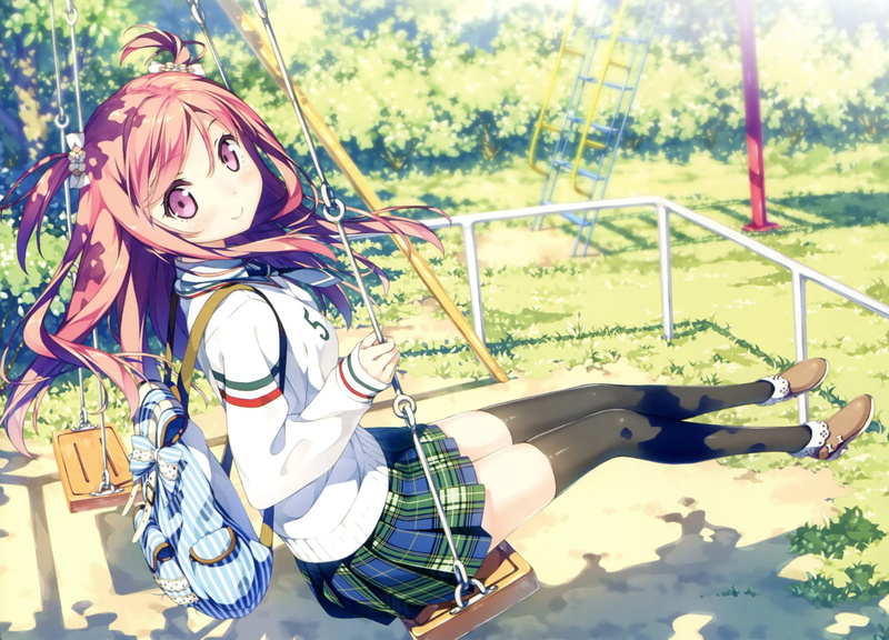 Skirt, School Uniform, Thigh Highs, 1080P, Original (Anime), Swing, Blush, Girl, Smile, Original, Long Hair, Anime, Bag, Pink Hair, Pink Eyes