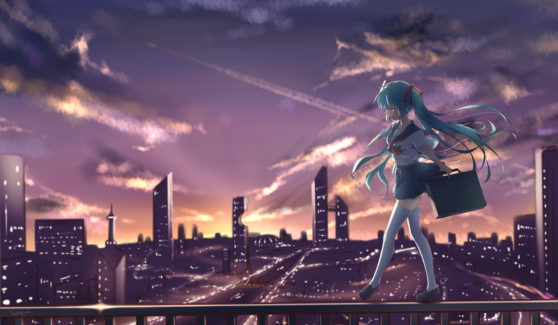 office building exterior, technology, sunset, dramatic sky, nature, clouds, cityscape, school uniform, cloud - sky, hatsune miku, walking on fence, no people