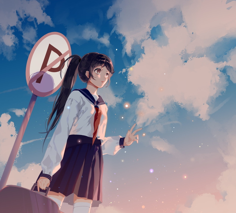 School Uniform, Sign, Ponytail, Schoolgirl, 1080P, Original, Girl, Long Hair, Anime, Bag, Brown Eyes, Brown Hair