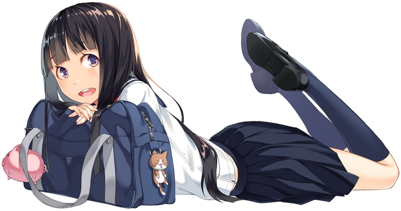 Long Hair, Bag, Skirt, Blush, 1080P, Black Hair, Smile, Original, Girl, Purple Eyes, School Uniform, Anime