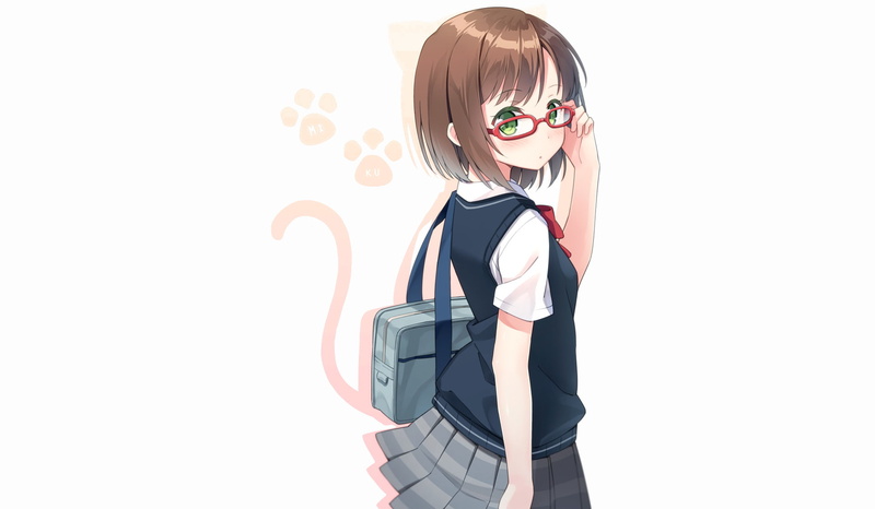 1080P, Glasses, Miku Maekawa, The iDOLM@STER Cinderella Girls, Green Eyes, Girl, School Uniform, Anime, Short Hair, Brown Hair, Bag