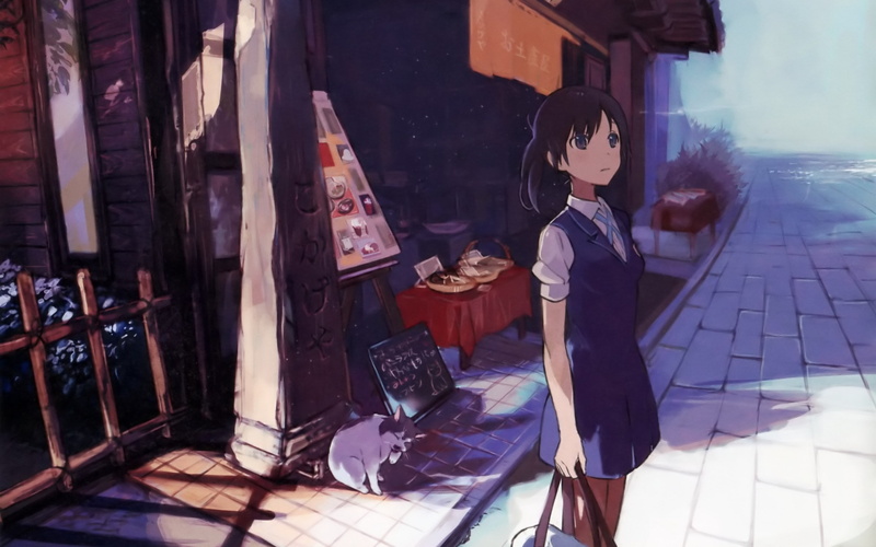 brunettes, art, uniforms, seifuku, hd, bags, cats, girls, black, nature, anime, Streets, outdoors, hair, 2K, school, ta, flowers