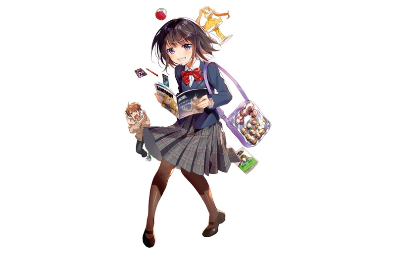 Thigh Highs, Anime, School Uniform, Original, 1080P, Schoolgirl, Girl, Purple Eyes, Bag, Short Hair, Book