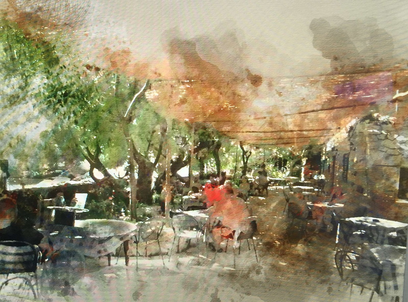 architecture, restaurant terrasse, aquarell, reflection, day, plant, tree, glass - material, transparent, no people, window, water, outdoors, vertebrate