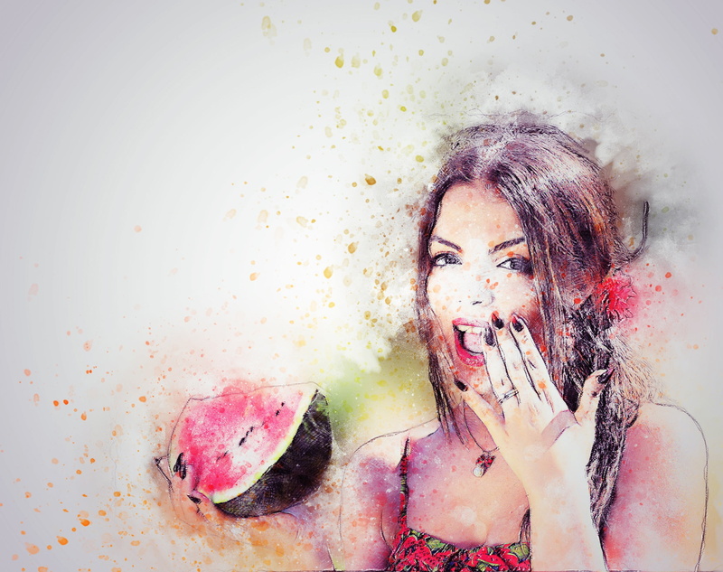 red, beauty, girl, woman, 1080P, dirty, watermelon, women, adult, painting, woman eating watermelon, paint splatter, watercolor, adults only, hair, one woman only