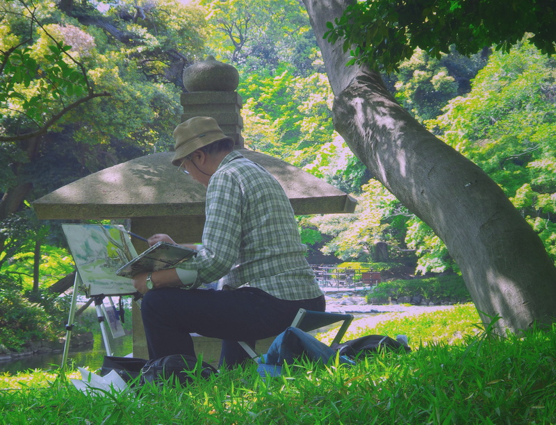 man, park, men, paint, plant, two people, leisure, artist, painter, tokyo, lifestyles, sitting, illustration, real people, people, bench, green, japan