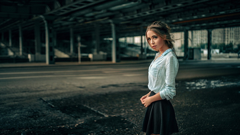 long hair, looking at viewer, 1080P, shirt, skirt, brunette, women, Georgy Chernyadyev, model, Ksenia Kokoreva