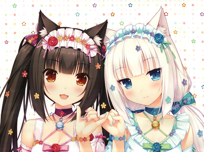 bell, anime, flowers, 2K, Neko Para, choker, anime girls, Chocolat (Neko Para), brown eyes, brunette, Vanilla (Neko Para), blue eyes, animal ears, headdress