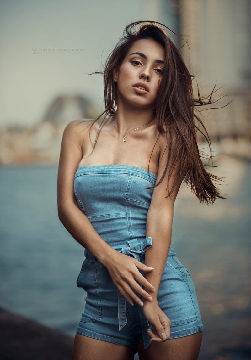 1080P, bokeh, women, Julien Fischer, brunette, portrait display, bare shoulders, nipples through clothing, windy, necklace, wind, overalls, model, looking at viewer
