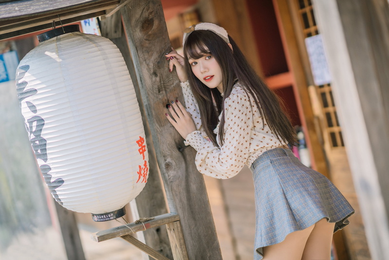 brunette, 2K, model, straight hair, Asian, long hair, crop top, outdoors, women outdoors, smiling, looking at viewer, bangs, red lipstick, plaid skirt