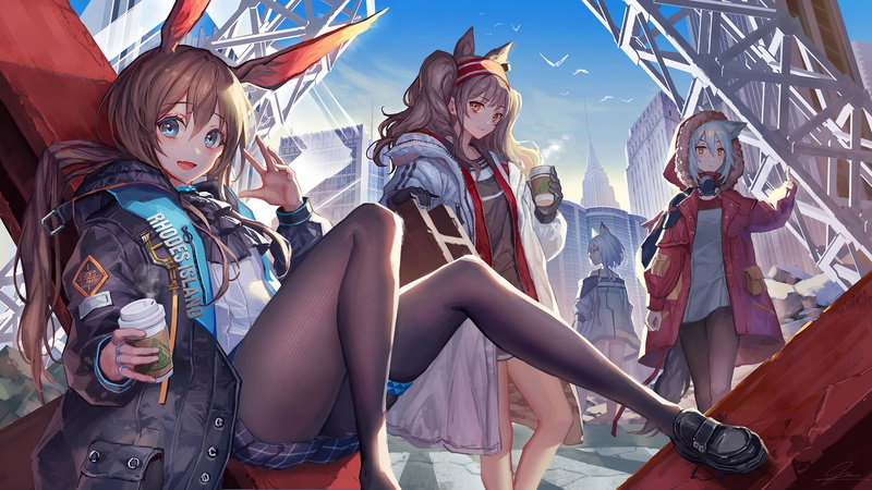 pantyhose, Arknights, Mai Okuma, sky, building, blushing, anime girls, blue eyes, fantasy girl, city, smiling, artwork, 2D, jacket, 1080P, illustration
