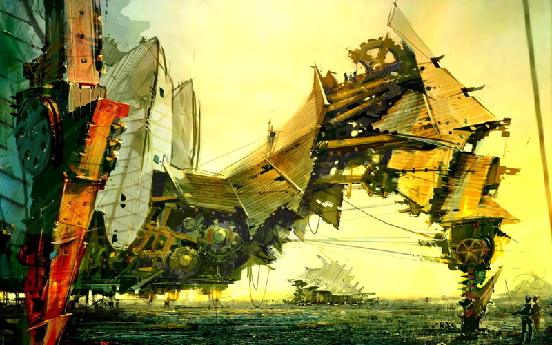 robot, ship, nautical vessel, architecture, built structure, sailboat, day, Daniel Dociu, machinery, sky, 1080P, low angle view, concept art, transportation