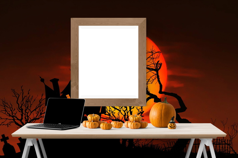 wall, no people, computer, furniture, desk, 5K, communication, food, template, poster, picture, technology, electric lamp, indoors, orange color, frame