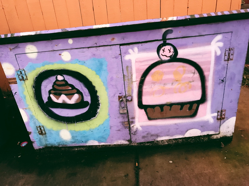 purple, day, pink, graffiti, 4K, ice cream, alley, representation, yellow, creativity, art and craft, metal, human representation, built structure, united states